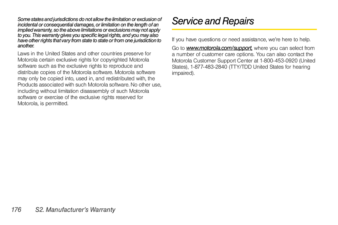 Motorola I856 manual Service and Repairs, 176 S2. Manufacturer’s Warranty 