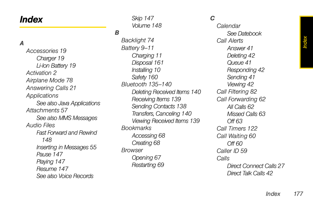 Motorola I856 manual Index, Accessories, Charger 19 Li-Ion Battery, See also Java Applications Attachments 