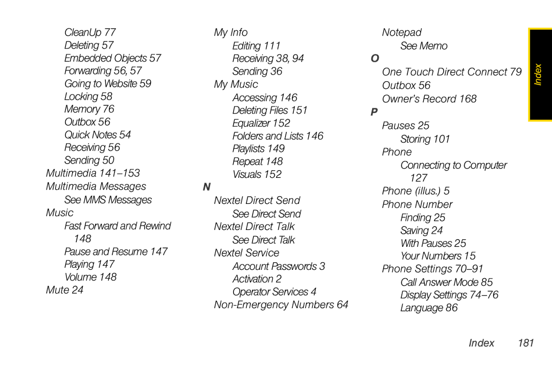 Motorola I856 manual Index 