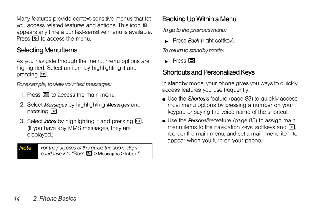 Motorola I856 manual SelectingMenuItems, BackingUpWithinaMenu, ShortcutsandPersonalizedKeys 