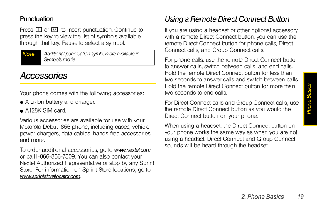 Motorola I856 manual Accessories, Punctuation, Additional punctuation symbols are available, Symbols mode 