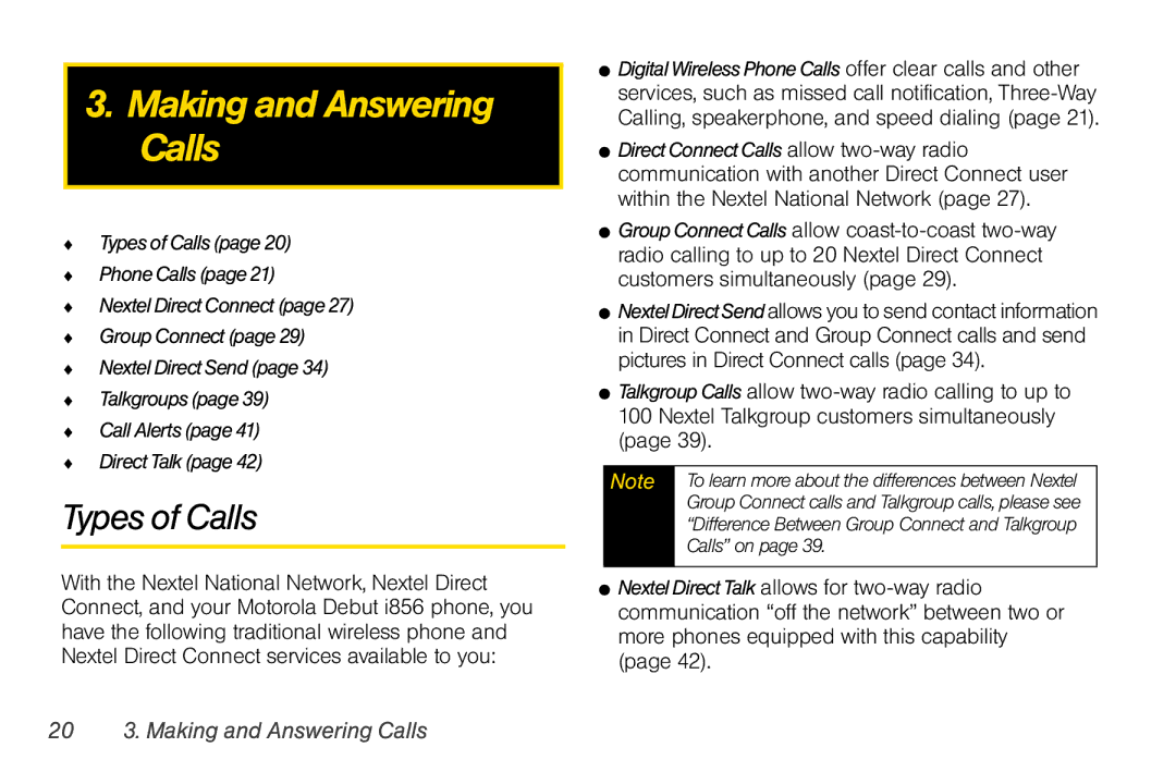 Motorola I856 manual Types of Calls, 20 3. Making and Answering Calls, Calls on 