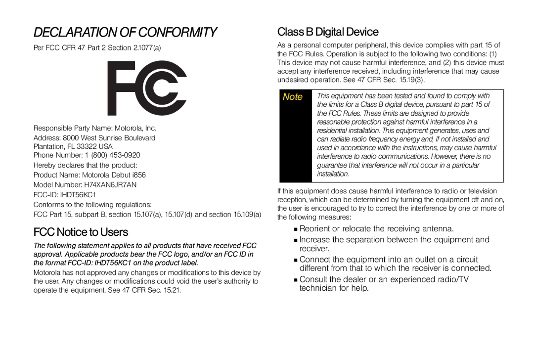 Motorola I856 manual FCCNoticetoUsers, ClassBDigitalDevice 