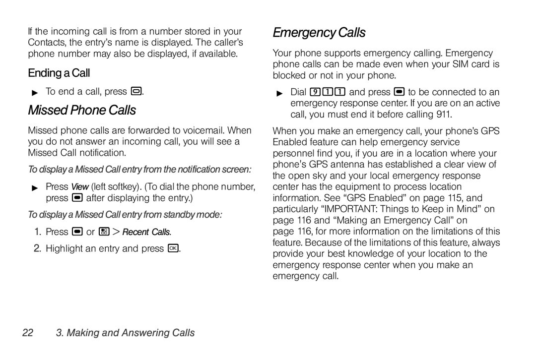 Motorola I856 manual Missed Phone Calls, Emergency Calls, EndingaCall 