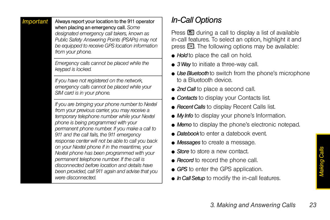 Motorola I856 manual In-Call Options, Emergency calls cannot be placed while the keypad is locked 