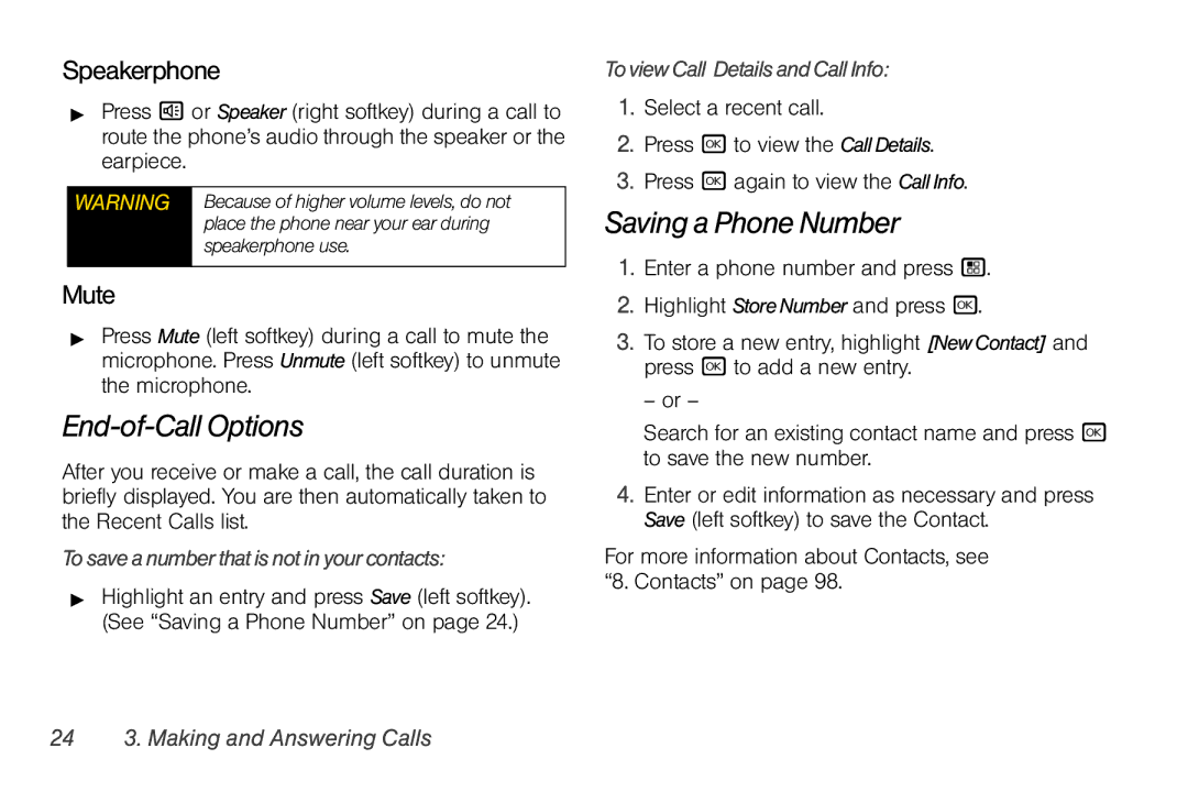 Motorola I856 manual End-of-Call Options, Saving a Phone Number, Speakerphone, Mute 