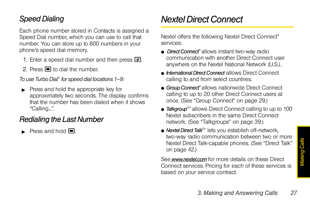 Motorola I856 Nextel Direct Connect, Speed Dialing, Redialing the Last Number, TouseTurboDial forspeeddiallocations1-9 