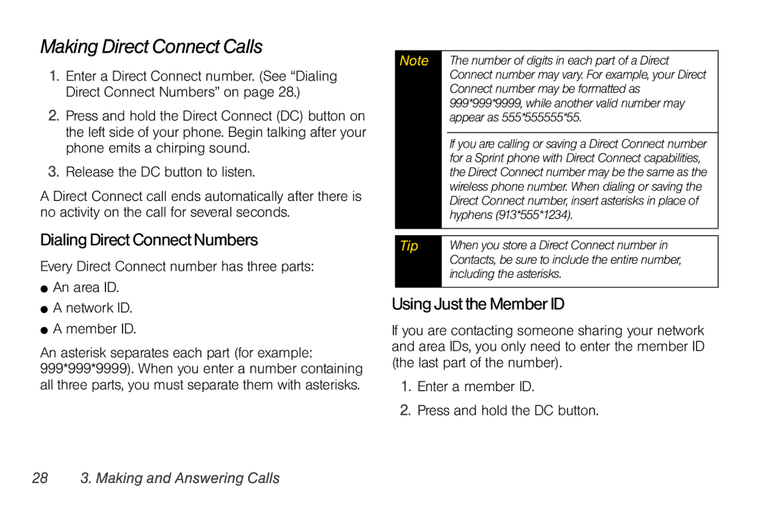 Motorola I856 manual Making Direct Connect Calls, DialingDirectConnectNumbers, UsingJusttheMemberID 