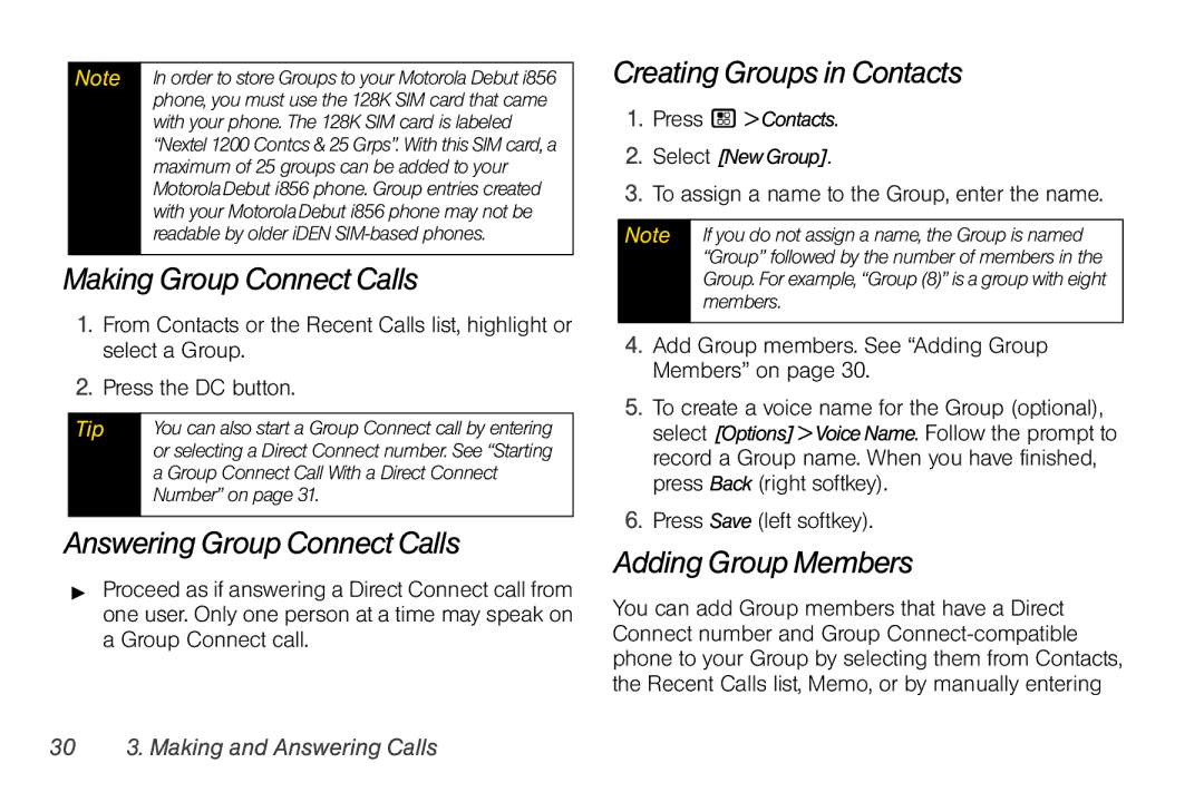 Motorola I856 Making Group Connect Calls, Answering Group Connect Calls, Creating Groups in Contacts, Adding Group Members 