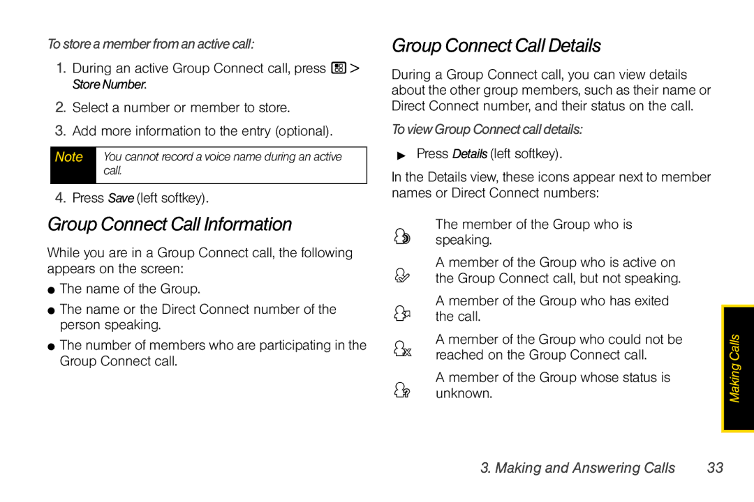 Motorola I856 manual Group Connect Call Information, Group Connect Call Details, Tostoreamemberfromanactivecall 