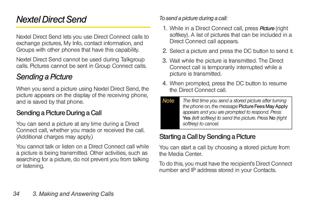 Motorola I856 manual Nextel Direct Send, Sending a Picture, SendingaPictureDuringaCall, StartingaCallbySendingaPicture 