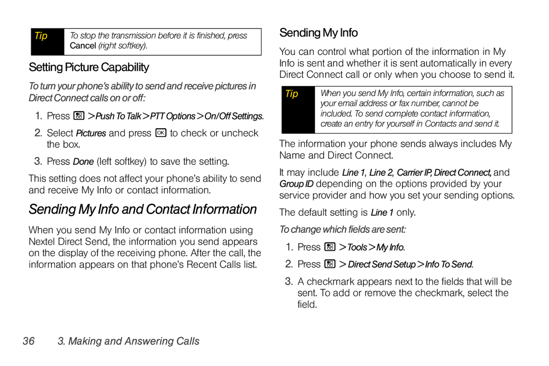 Motorola I856 manual SettingPictureCapability, SendingMyInfo, Default setting is Line1 only, Tochangewhichfieldsaresent 