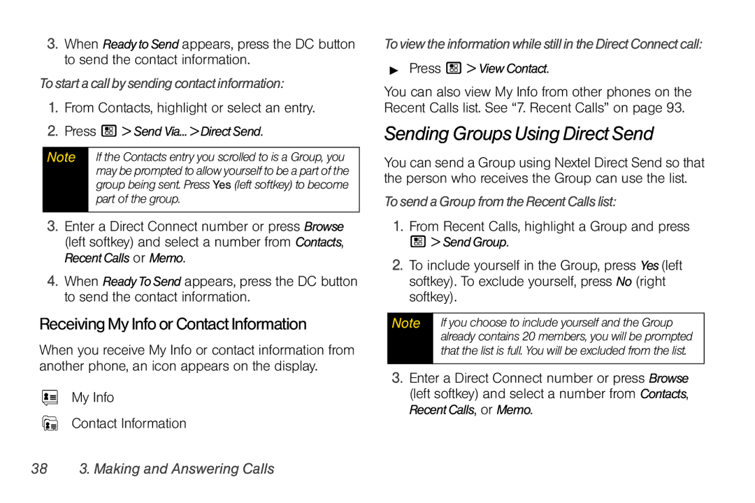 Motorola I856 manual Sending Groups Using Direct Send, ReceivingMyInfoorContactInformation 