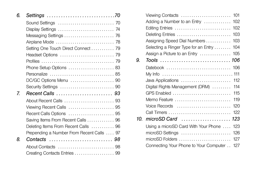 Motorola I856 manual Settings, Recent Calls, Contacts, Tools, 123 