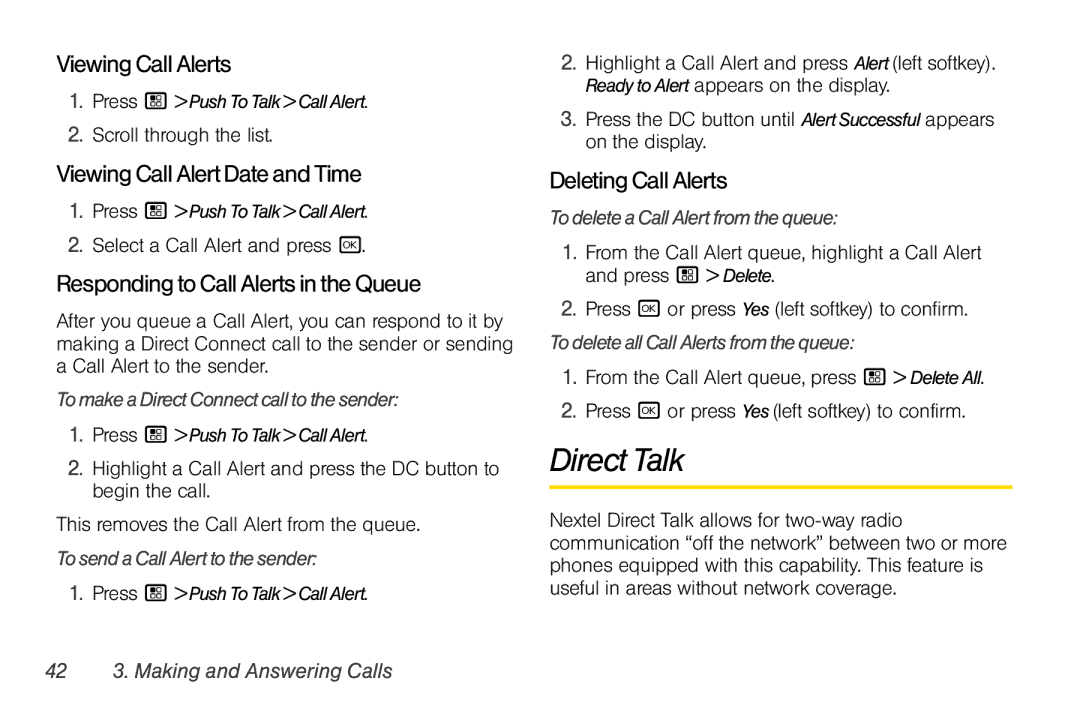 Motorola I856 manual Direct Talk, ViewingCallAlerts, ViewingCallAlertDateandTime, RespondingtoCallAlertsintheQueue 