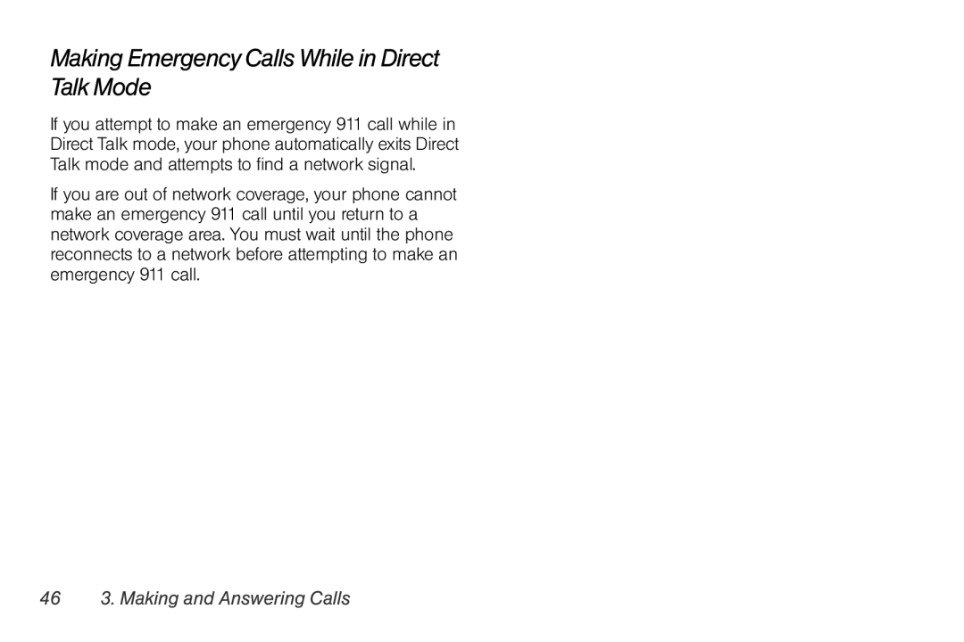 Motorola I856 manual Making Emergency Calls While in Direct Talk Mode, 46 3. Making and Answering Calls 