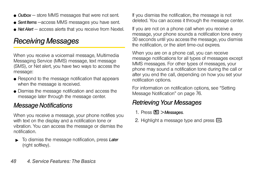 Motorola I856 Receiving Messages, Message Notifications, Retrieving Your Messages, Highlight a message type and press r 