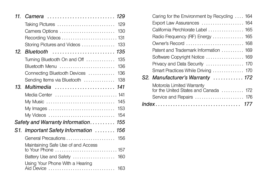 Motorola I856 manual Camera, Bluetooth, Multimedia, S2. Manufacturer’s Warranty, Index 