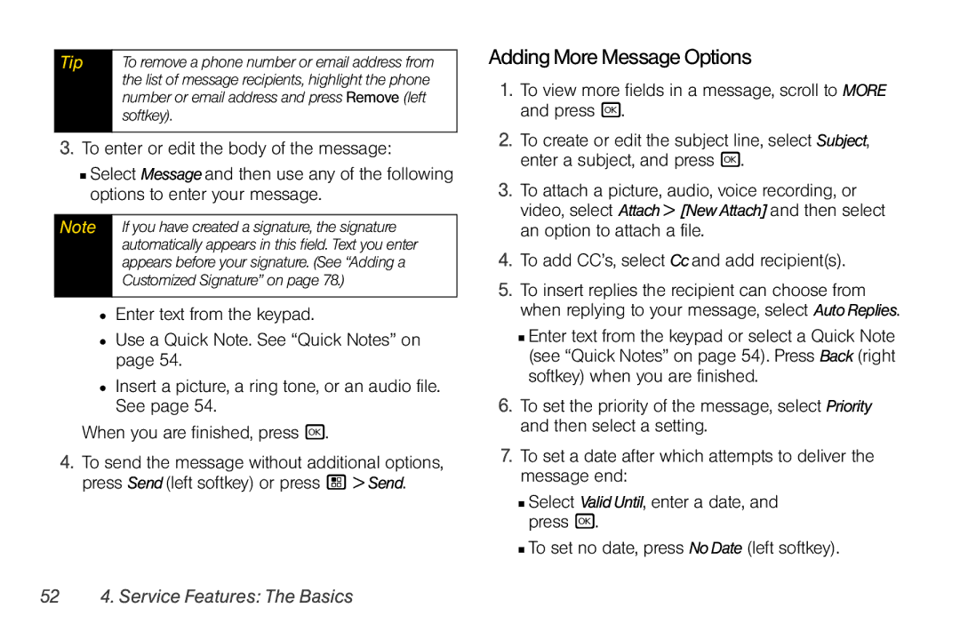 Motorola I856 manual AddingMoreMessageOptions, 52 4. Service Features The Basics 