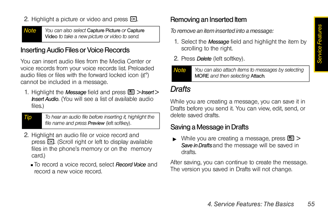 Motorola I856 manual InsertingAudioFilesorVoiceRecords, RemovinganInsertedItem, SavingaMessageinDrafts 