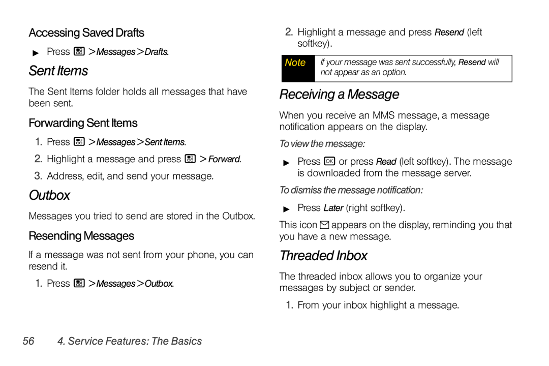 Motorola I856 manual Sent Items, Outbox, Receiving a Message, Threaded Inbox 