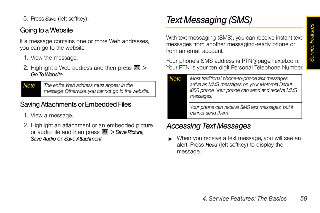 Motorola I856 manual Text Messaging SMS, Accessing Text Messages, GoingtoaWebsite, SavingAttachmentsorEmbeddedFiles 