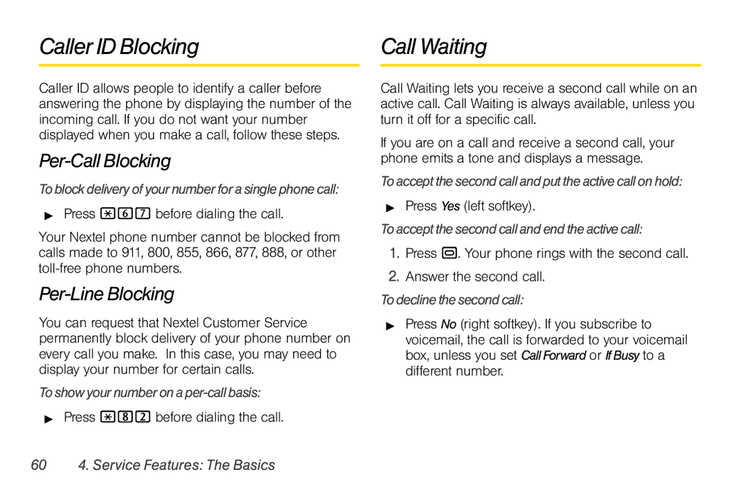 Motorola I856 manual Caller ID Blocking, Call Waiting, Per-Call Blocking, Per-Line Blocking 