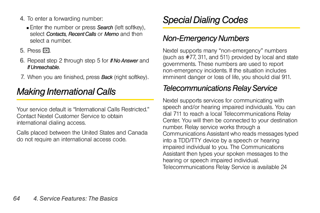 Motorola I856 Making International Calls, Special Dialing Codes, Non-Emergency Numbers, Telecommunications Relay Service 