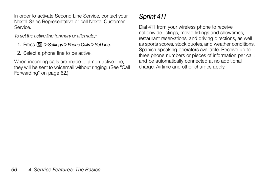 Motorola I856 manual Sprint, Tosettheactivelineprimaryoralternate, 66 4. Service Features The Basics 