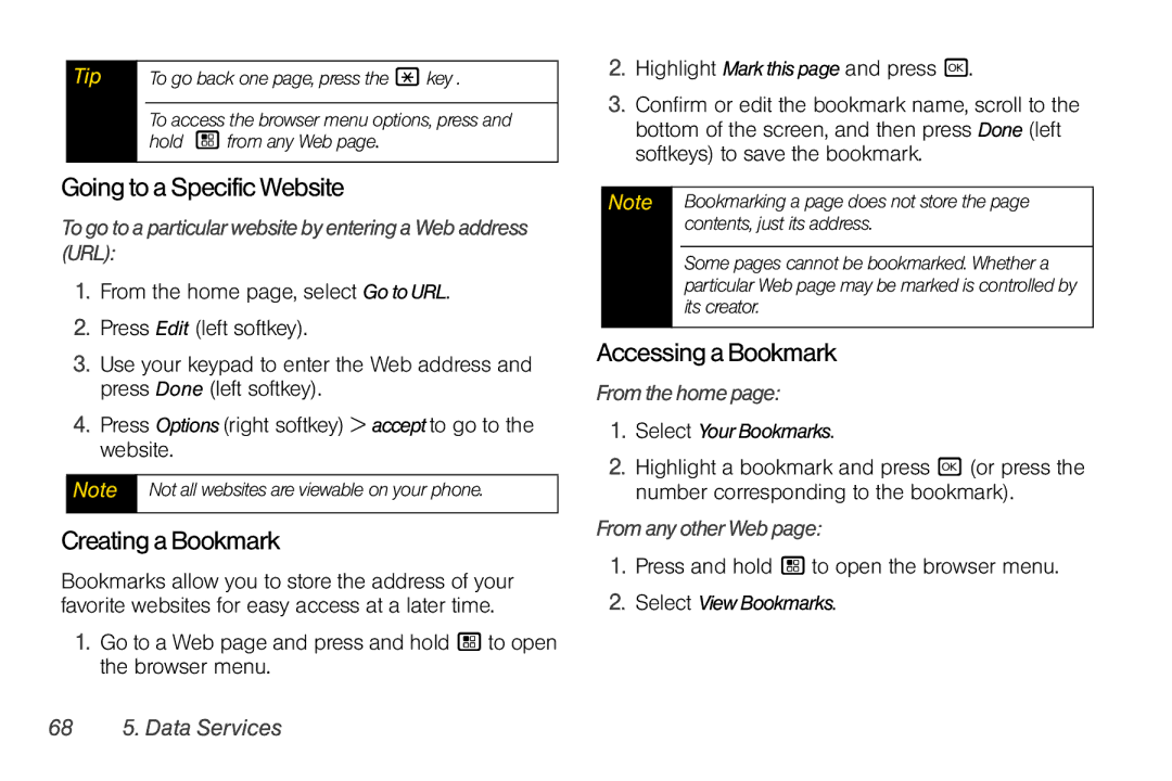 Motorola I856 manual GoingtoaSpecificWebsite, CreatingaBookmark, AccessingaBookmark 