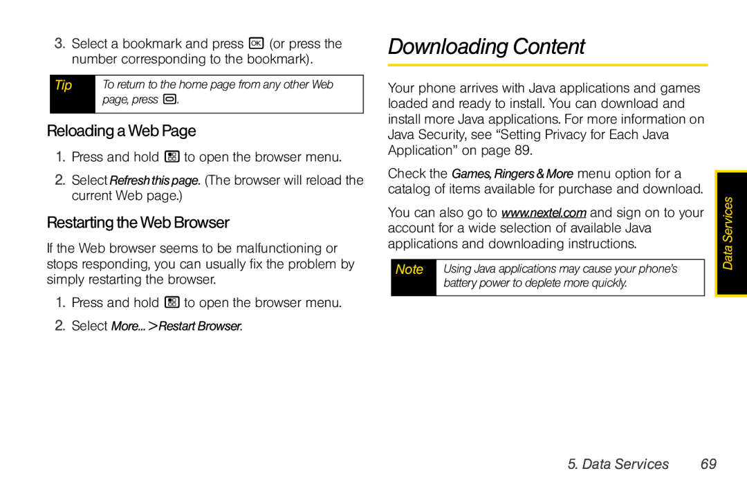 Motorola I856 manual Downloading Content, ReloadingaWebPage, RestartingtheWebBrowser 