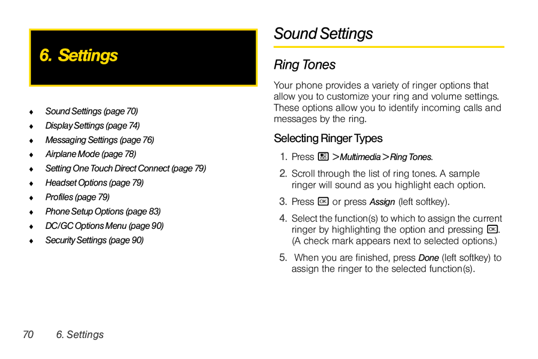 Motorola I856 manual Sound Settings, Ring Tones, SelectingRingerTypes, 70 6. Settings 