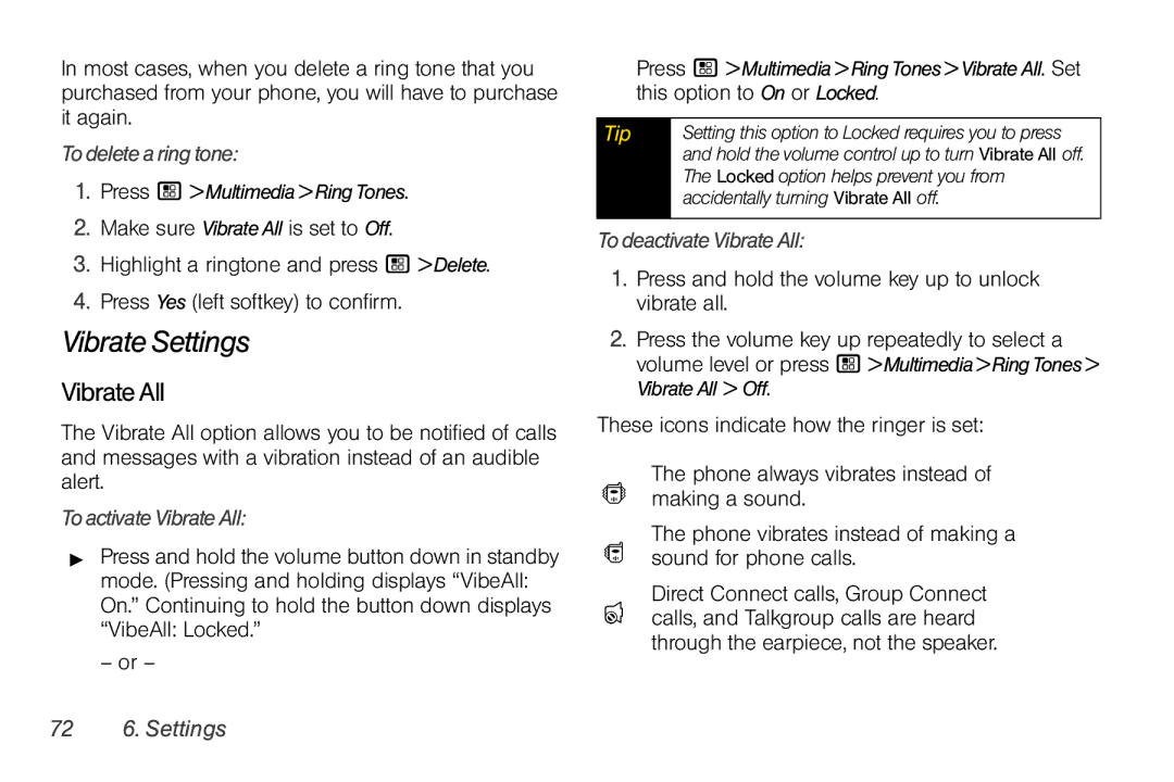 Motorola I856 manual Vibrate Settings, VibrateAll 