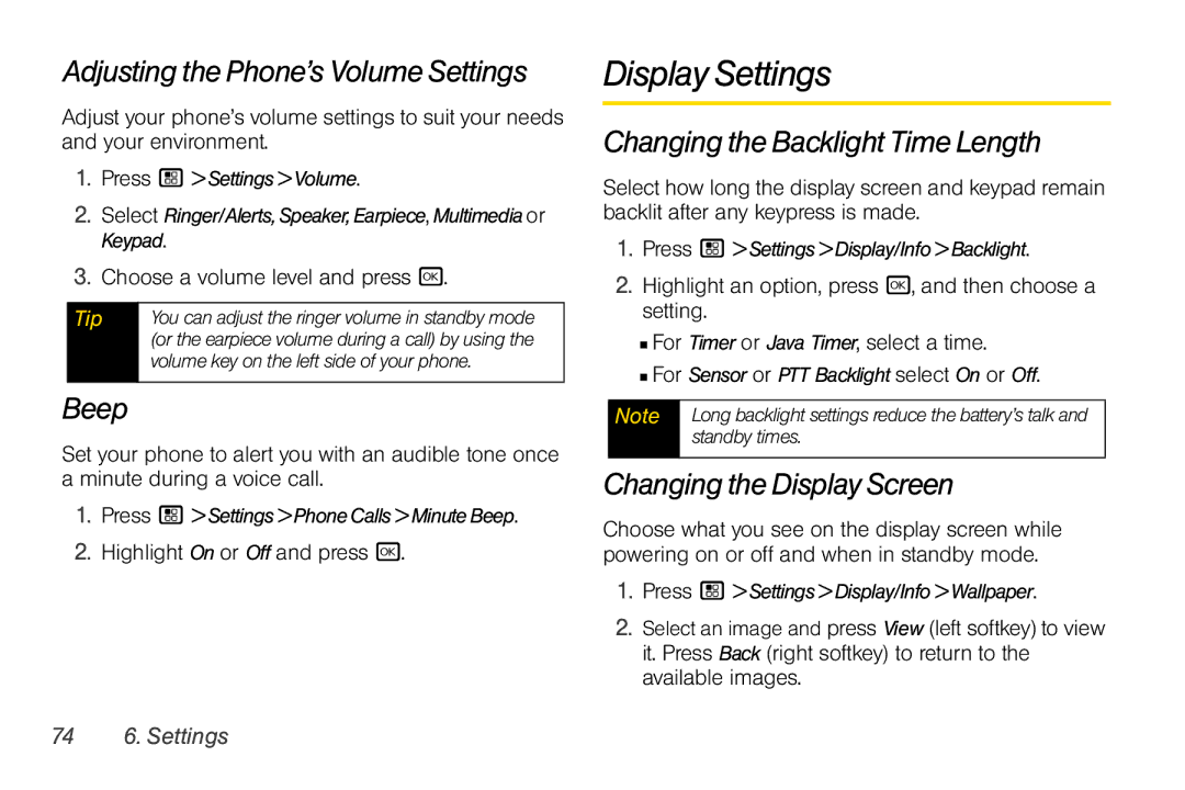 Motorola I856 manual Display Settings, Adjusting the Phone’s Volume Settings, Beep, Changing the Backlight Time Length 