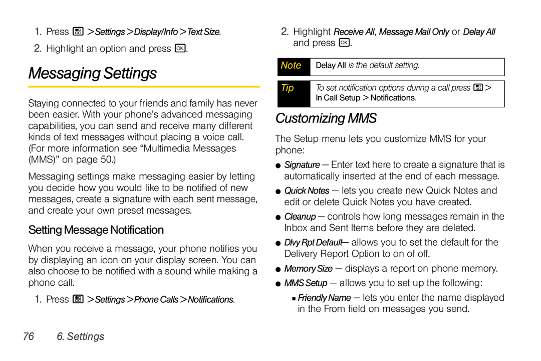 Motorola I856 manual Messaging Settings, Customizing MMS, SettingMessageNotification, 76 6. Settings 