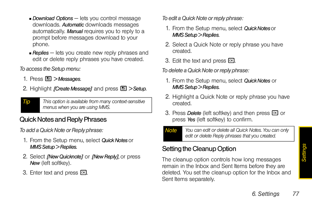 Motorola I856 manual QuickNotesandReplyPhrases, SettingtheCleanupOption 