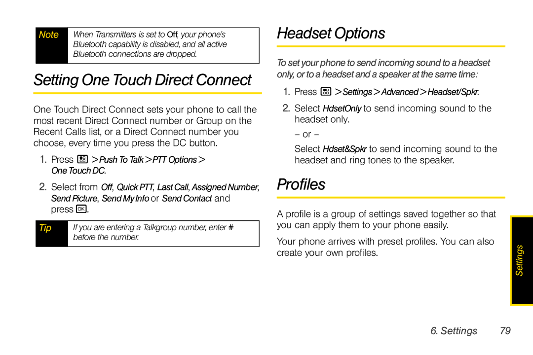 Motorola I856 manual Setting One Touch Direct Connect, Headset Options, Profiles, Press / SettingsAdvancedHeadset/Spkr 