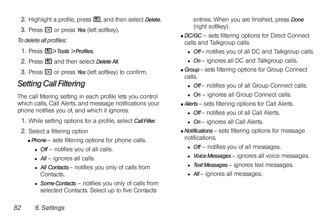 Motorola I856 manual Setting Call Filtering, Todeleteallprofiles, 82 6. Settings, Press /Tools Profiles 