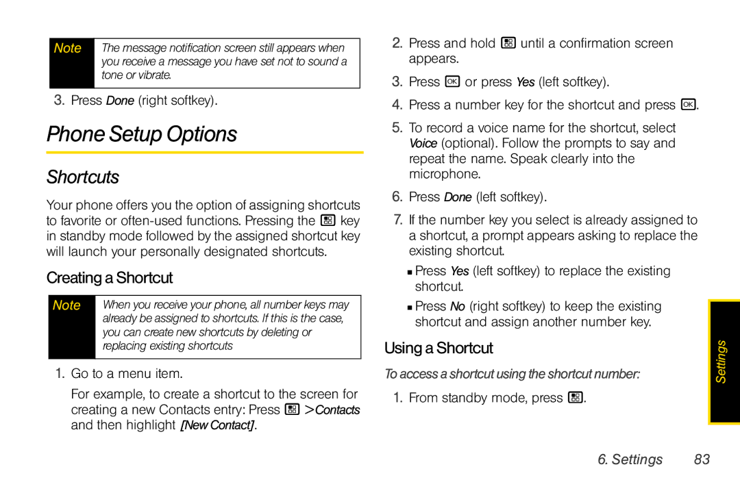 Motorola I856 Phone Setup Options, Shortcuts, CreatingaShortcut, UsingaShortcut, Toaccessashortcutusingtheshortcutnumber 