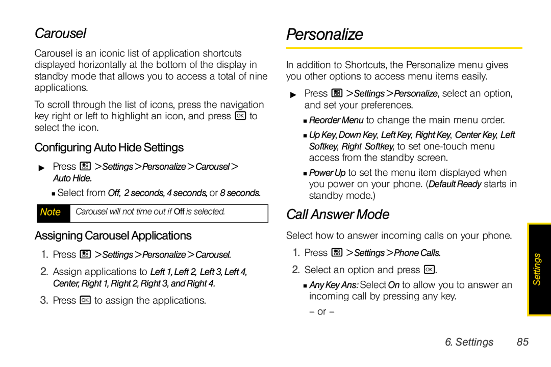 Motorola I856 manual Personalize, Call Answer Mode, ConfiguringAutoHideSettings, AssigningCarouselApplications 