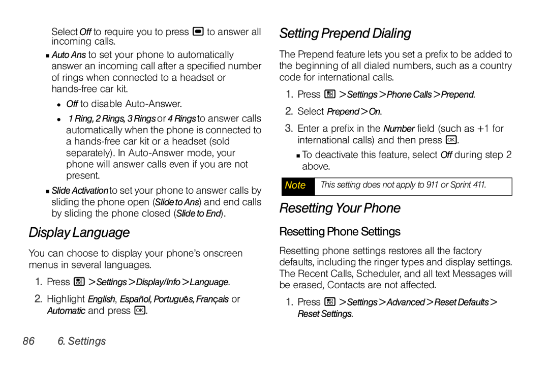 Motorola I856 Display Language, Setting Prepend Dialing, Resetting Your Phone, ResettingPhoneSettings, 86 6. Settings 