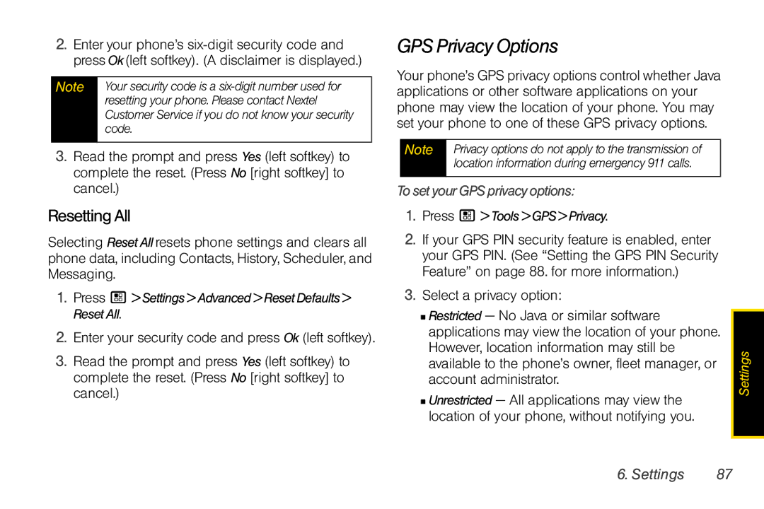 Motorola I856 manual GPS Privacy Options, ResettingAll, TosetyourGPSprivacyoptions, Press / ToolsGPSPrivacy 