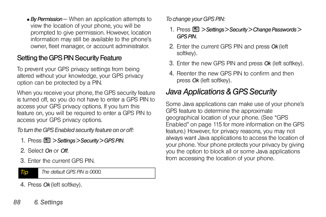 Motorola I856 Java Applications & GPS Security, SettingtheGPSPINSecurityFeature, ToturntheGPSEnabledsecurityfeatureonoroff 