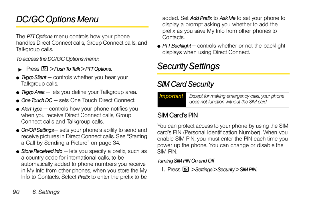 Motorola I856 manual DC/GC Options Menu, Security Settings, SIM Card Security, SIMCard’sPIN 