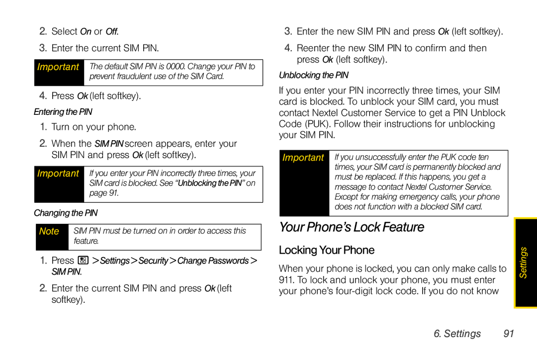 Motorola I856 manual Your Phone’s Lock Feature, LockingYourPhone, Select On or Off Enter the current SIM PIN 