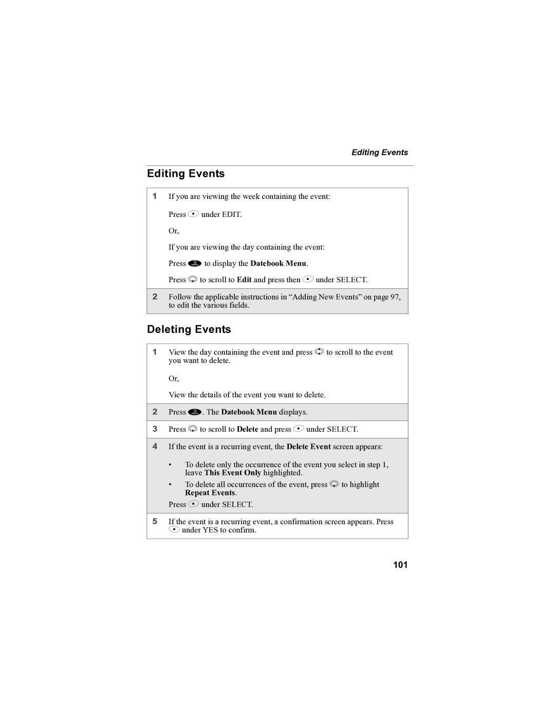 Motorola i85s manual Editing Events, Deleting Events, 101 