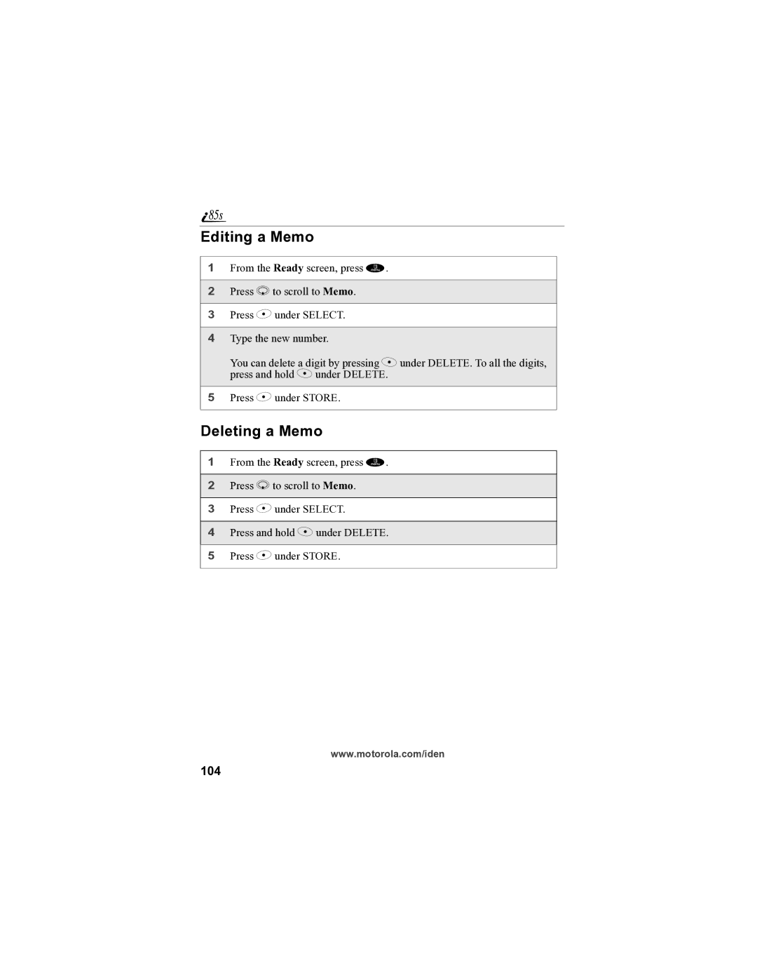 Motorola i85s manual Editing a Memo, Deleting a Memo, 104 