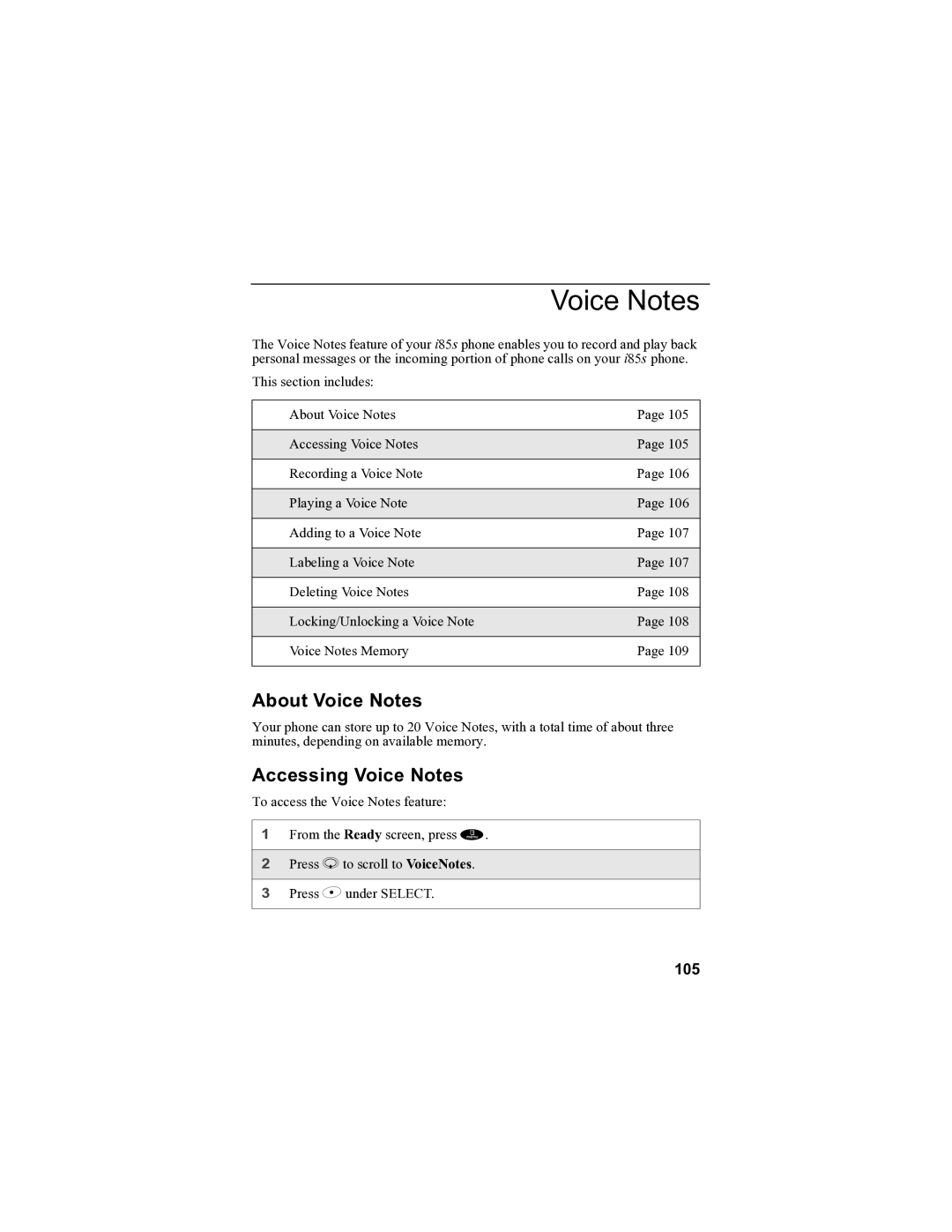 Motorola i85s manual About Voice Notes, Accessing Voice Notes, 105 