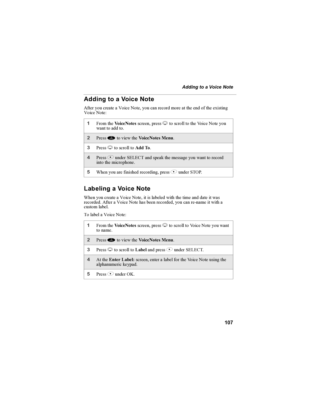 Motorola i85s manual Adding to a Voice Note, Labeling a Voice Note, 107 