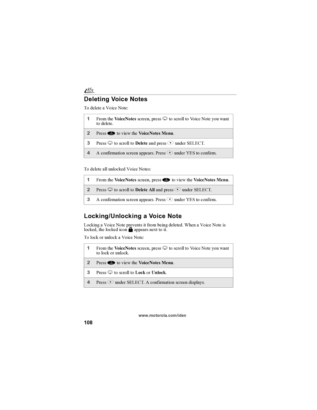 Motorola i85s manual Deleting Voice Notes, Locking/Unlocking a Voice Note, 108 